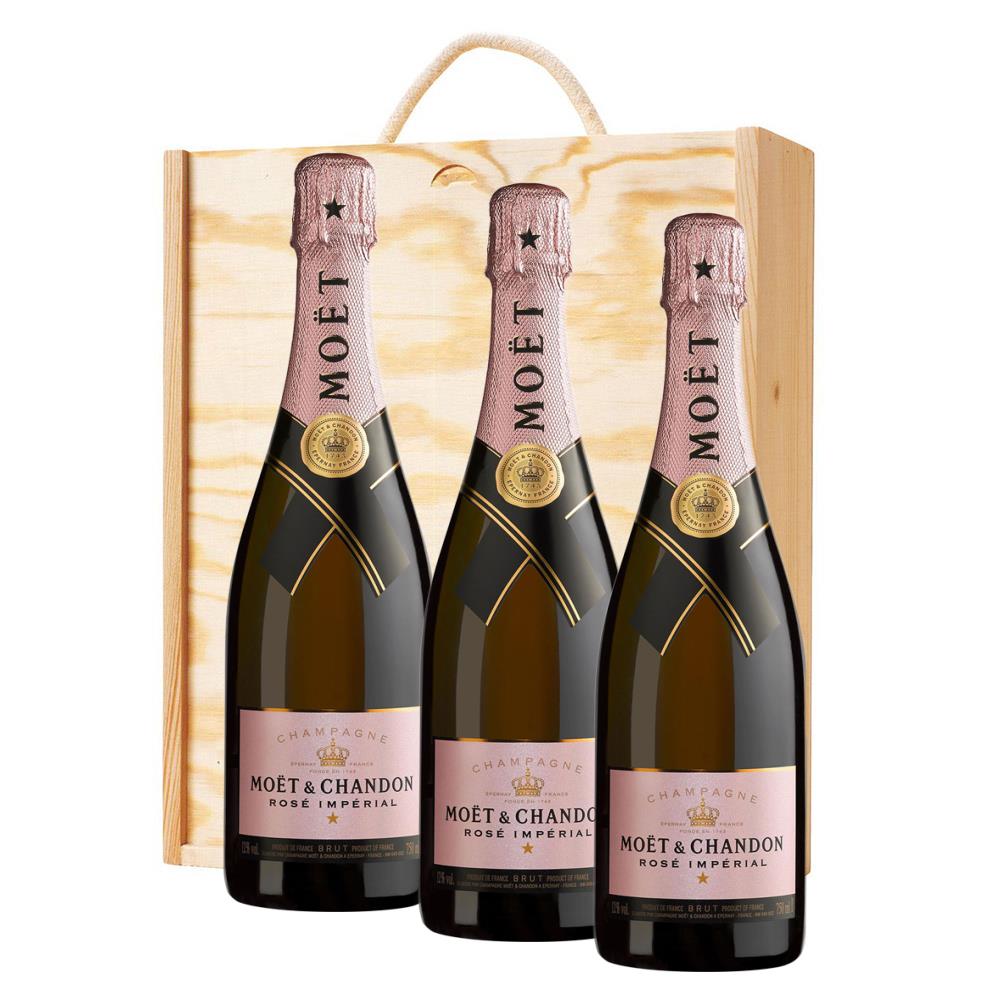 3 x Moet &amp;amp; Chandon Rose Champagne 75cl In A Pine Wooden Gift Box